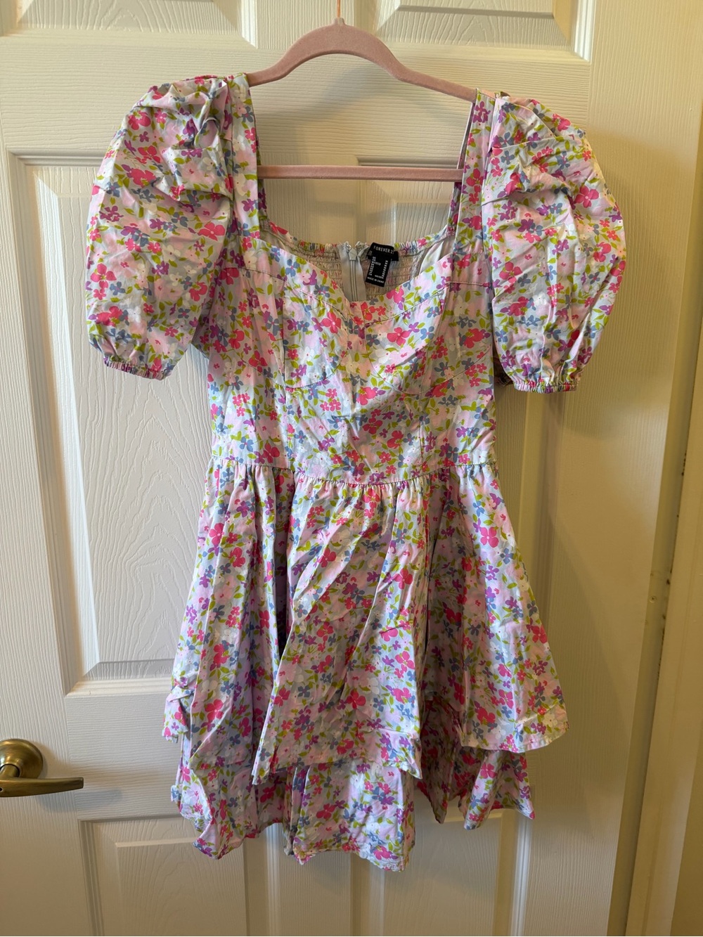 Forever 21 Pink and Green Floral Puff-Sleeve Girls Dress